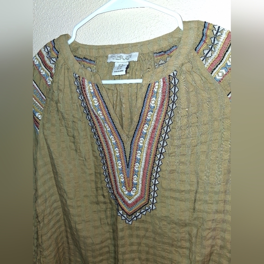 Rachel Zoe Olive Green Embroidered Aztec Tunic Top XS - Picture 2 of 6